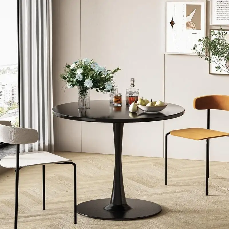 Grondin Mid-Century Modern Round Kitchen or Dining Table with Premium MDF Top and Steel Pedestal Base for Dining Room