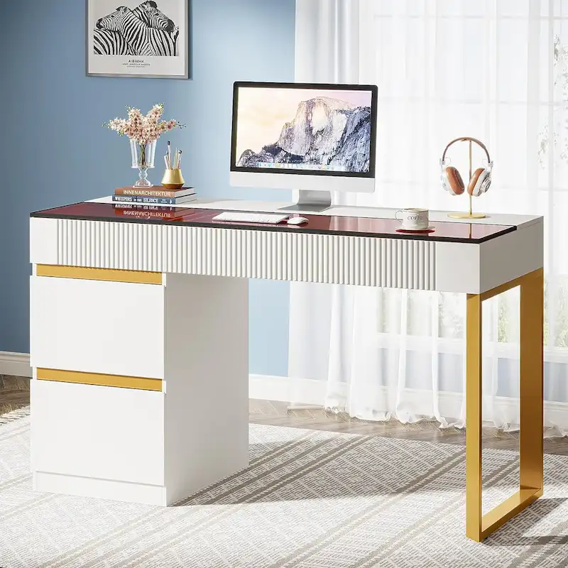 Desk - White & Gold - 4 Drawers with Glass Top