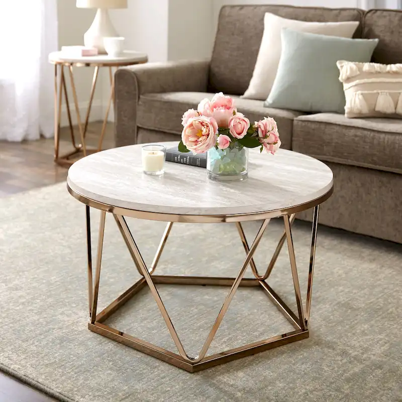 Henderson Modern Faux Marble Round Coffee Table with Gold Geometric Base