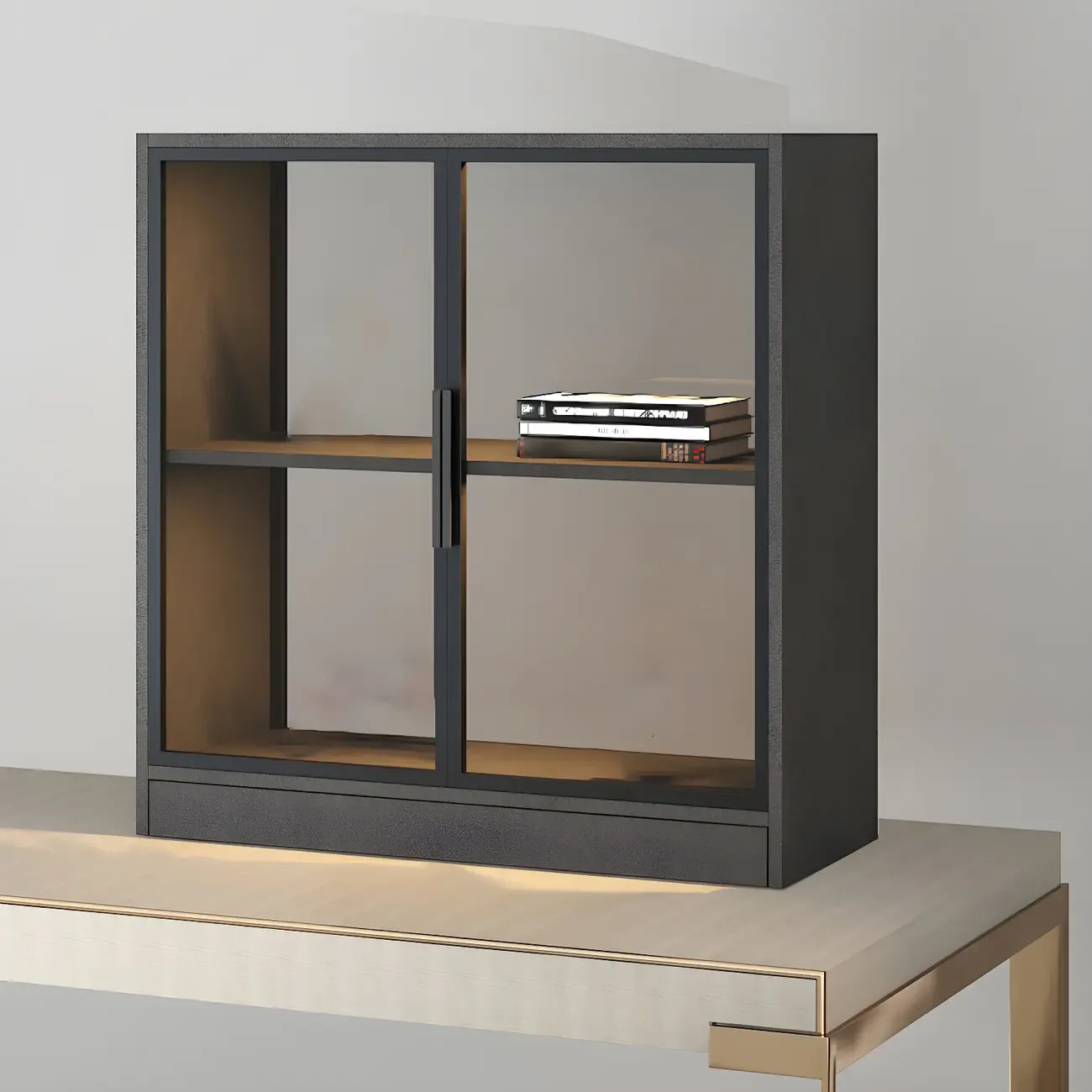 Square 2-Shelf Black Wooden Display Cabinet with Light
