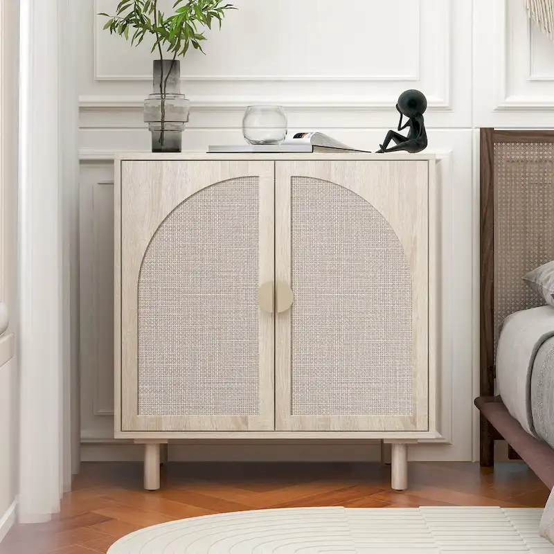 Natural/Black Rattan 2-Door Storage Cabinet with Adjustable Shelves & Pine Legs
