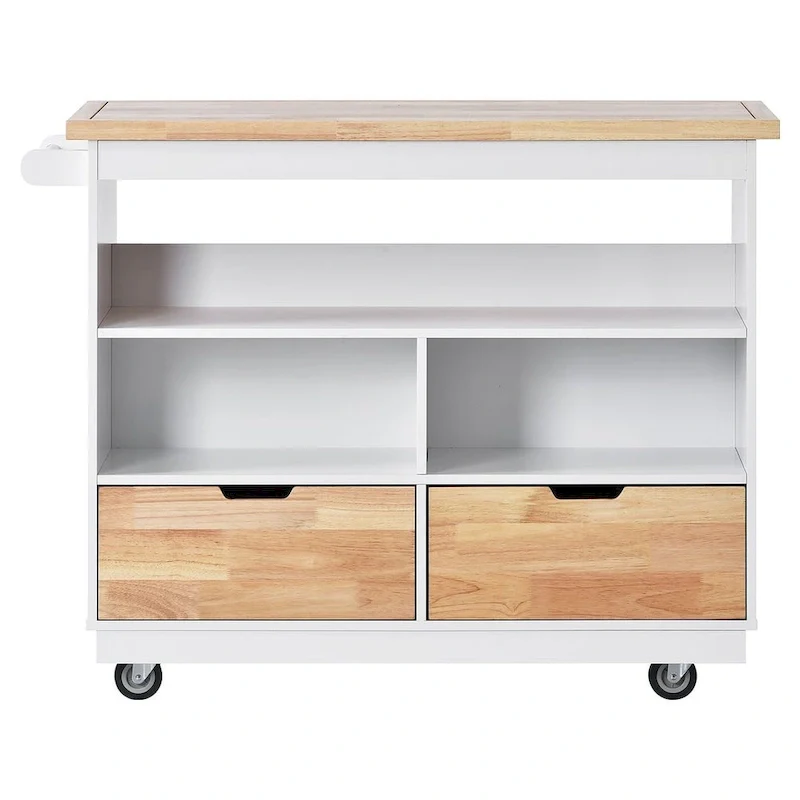 Kitchen Island on Wheels with Open Compartments and 2 Drawers
