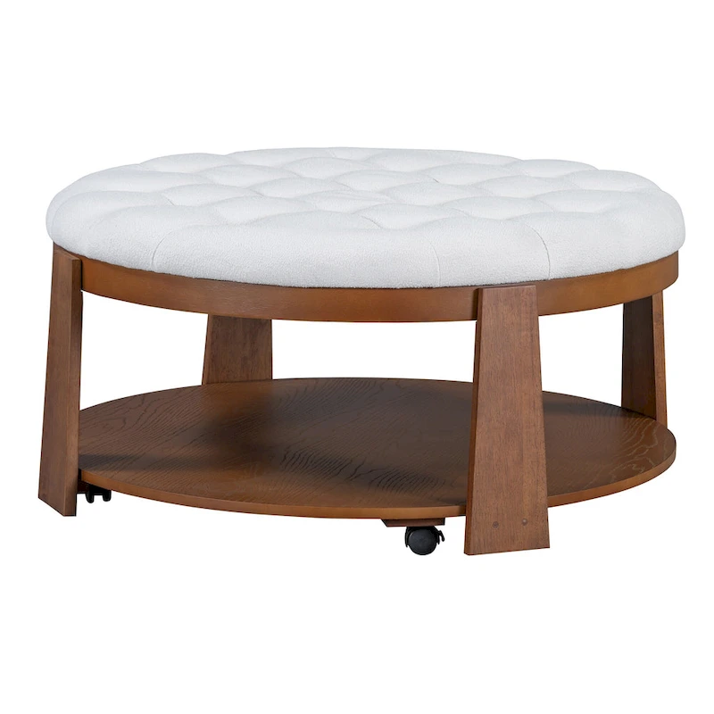 36  Round Button Tufted Upholstered Coffee Table with Wood Shelf and Wheel