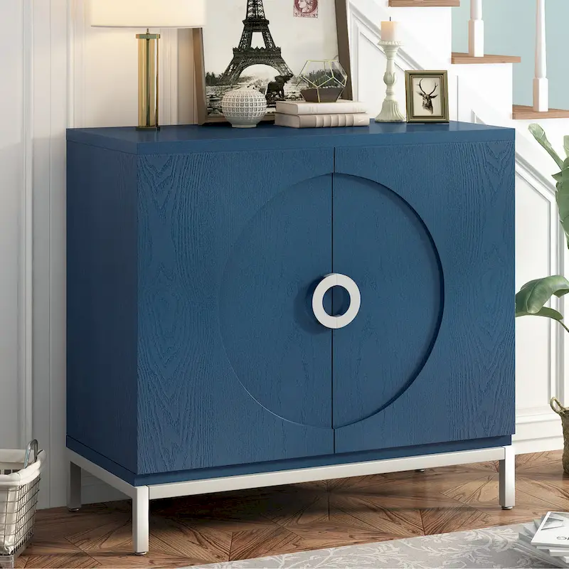 Navy Blue / White / Black Wood Veneer Sideboard Cabinet — 1-Person Assembly