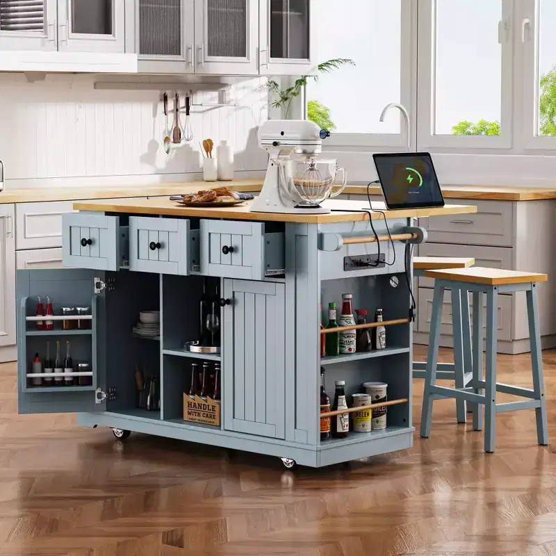 K&K 53inch Large Kitchen Island with Drop Leaf,Power Outlet,Door Internal Storage Rack,Rolling Kitchen Cart on 5 Wheels with 5 Open Side Racks