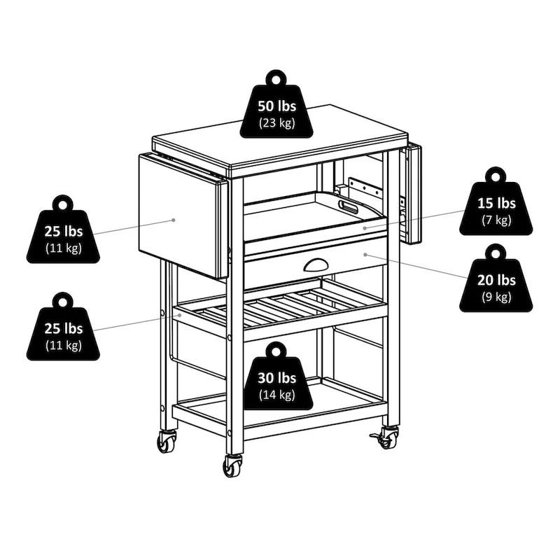 Barton Utility Kitchen Cart, Drop Leaf, Bamboo - 45.28 x 15.16 x 35.43 inches