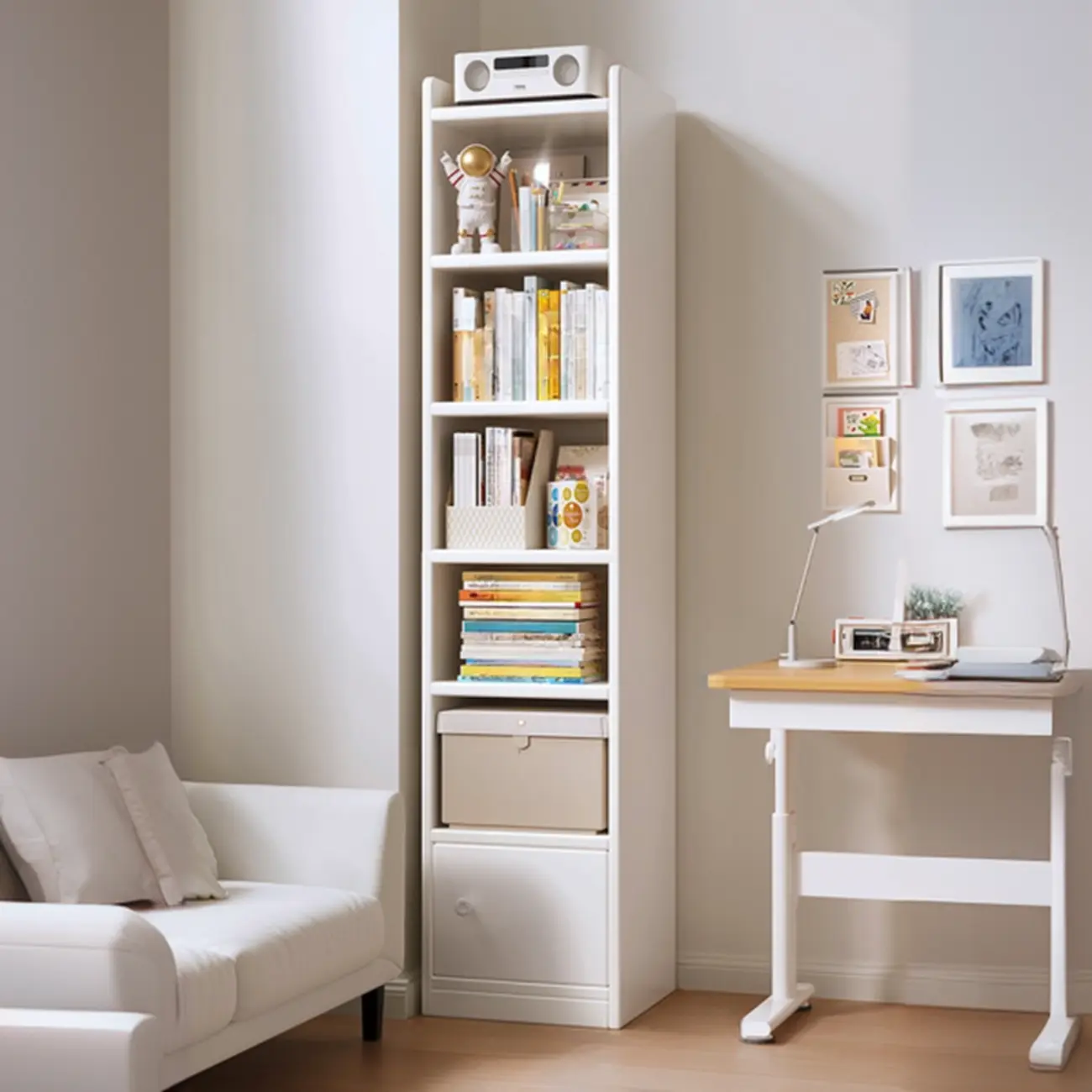 Narrow 6-Shelf White Wooden Bookcase with Cabinet