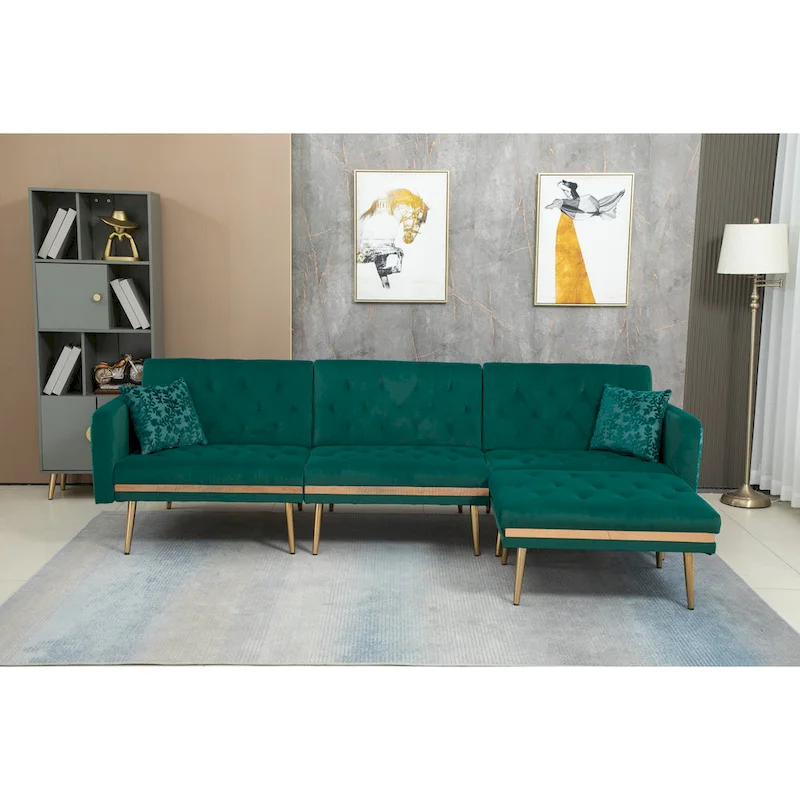 Polyester Upholstered Tufted Sleeper L-Shaped Sectional Sofa With Ottoman