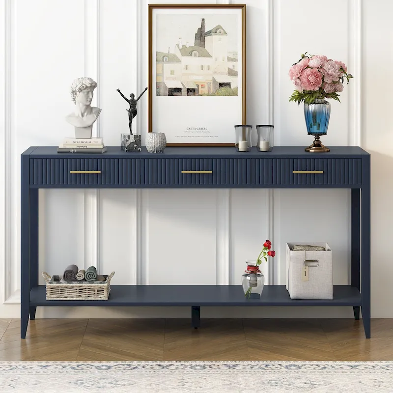 Console Table with Three Vertical Stripe Drawers and Long Legs