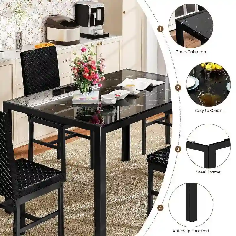 Grondin Modern Style 5-Piece Dining Room Table Set with Tempered Glass Tabletop and 4 Diamond Stitching PU Leather Dining Chairs