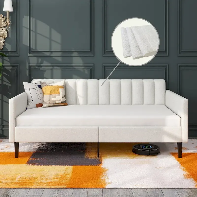 Ivory Boucle Upholstered Twin Daybed with Ribbed Tufted Backrest and Metal Frame – 1-Person