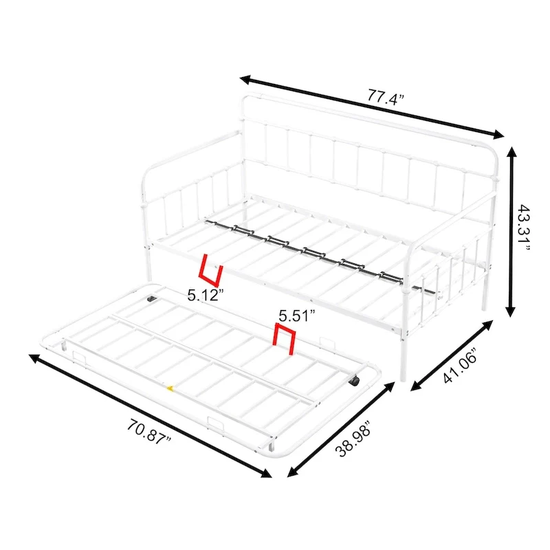 White / Black / Bronze Metal Daybed with Trundle, Twin, Sleeps 2