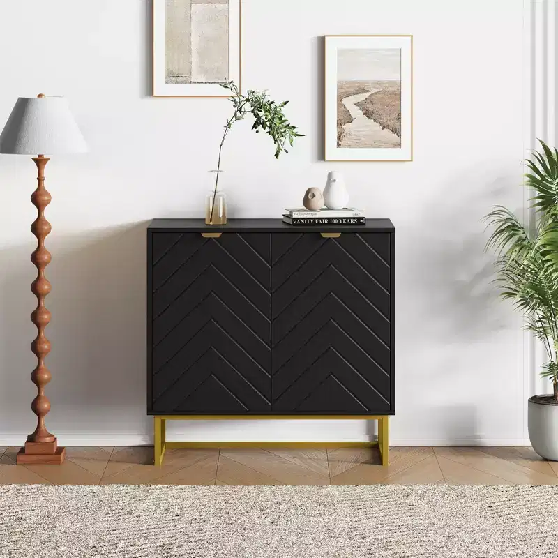 31.5 Sideboard Buffet Cabinet, Wood Entryway Coffee Bar Cabinet with Metal Legs, Credenza Console Table, Floor Cupboard Cabinet for Living Room