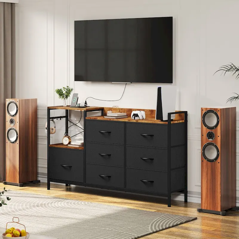 7-Drawer Dresser & Media Console with Charging Station – Gray / Black, 1-Person
