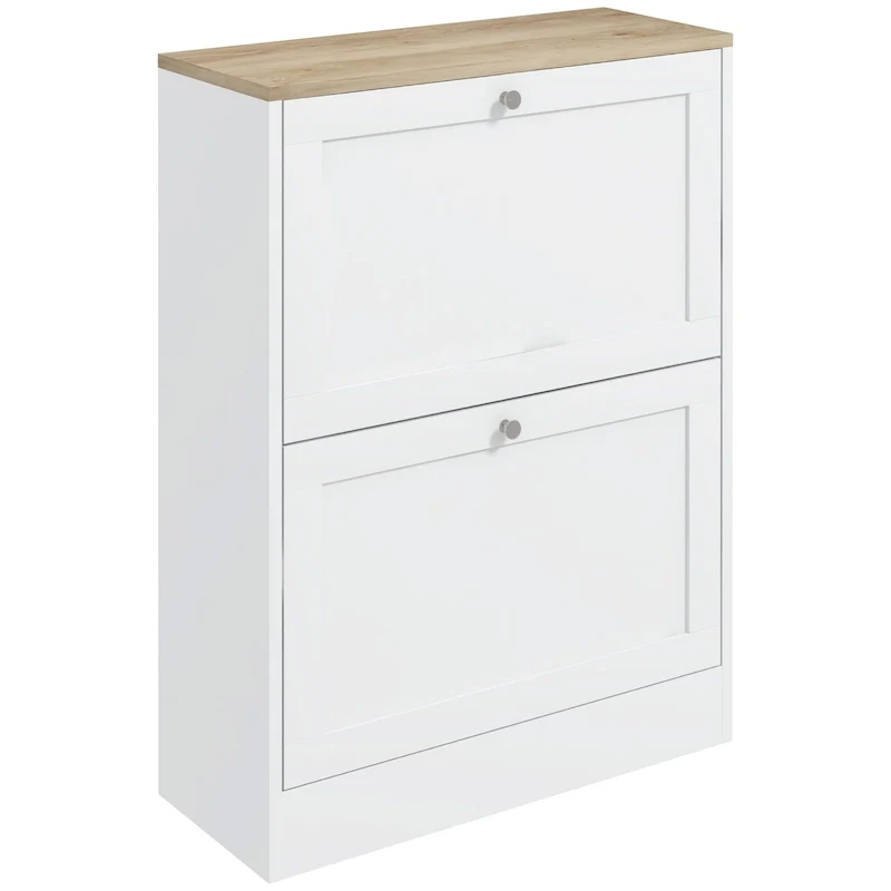 White / Black Slim Entryway Shoe Cabinet with 2 Flip Drawers and Adjustable Shelves