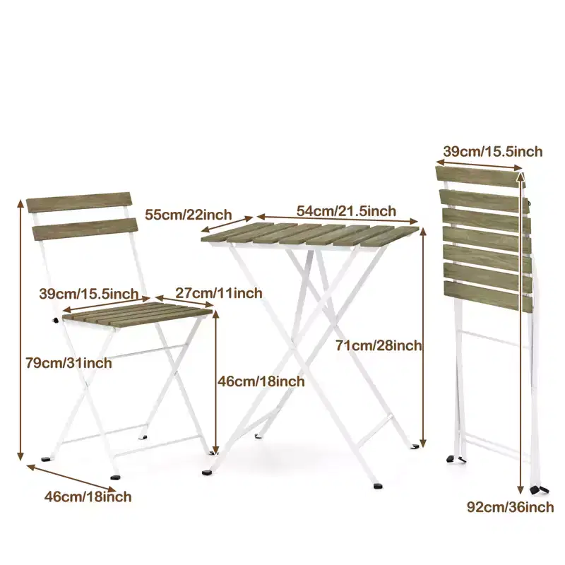 Gymax 3-Piece Acacia Wood Patio Bistro Set with Round Table & 2 Foldable Chairs Black + Brown/White + Gray