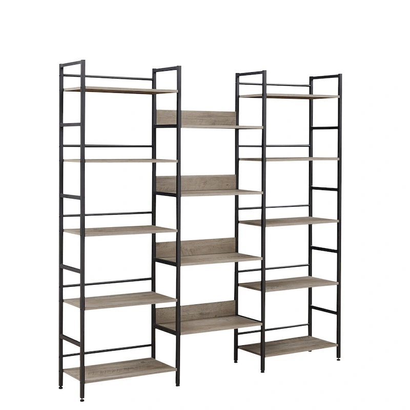 Triple Wide 5-shelf Bookshelves Industrial Retro Wooden Style Home and Office Large Open Bookshelves