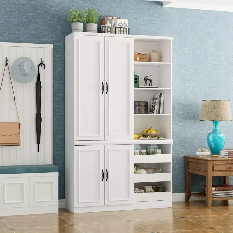Famapy White Kitchen Cabinet Storage Cabinet: Adjustable Shelves, Mixed Storage, Space - Saving Design Pantry