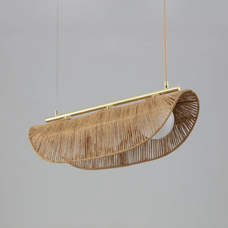 Sovev 3-Light Brass Bohemia Dimmable Linear Globe Pendant Light with Frosted Glass Rattan Shade