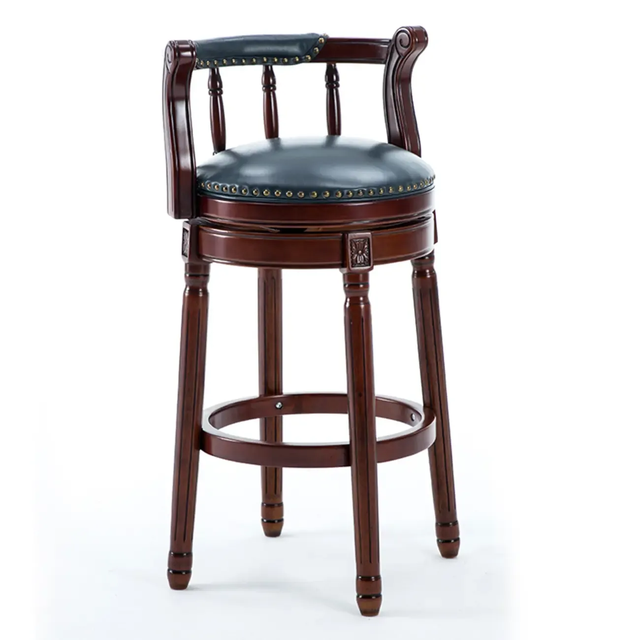Swivel Counter Height Bar Stools in Genuine Leather & Walnut Solid Wood