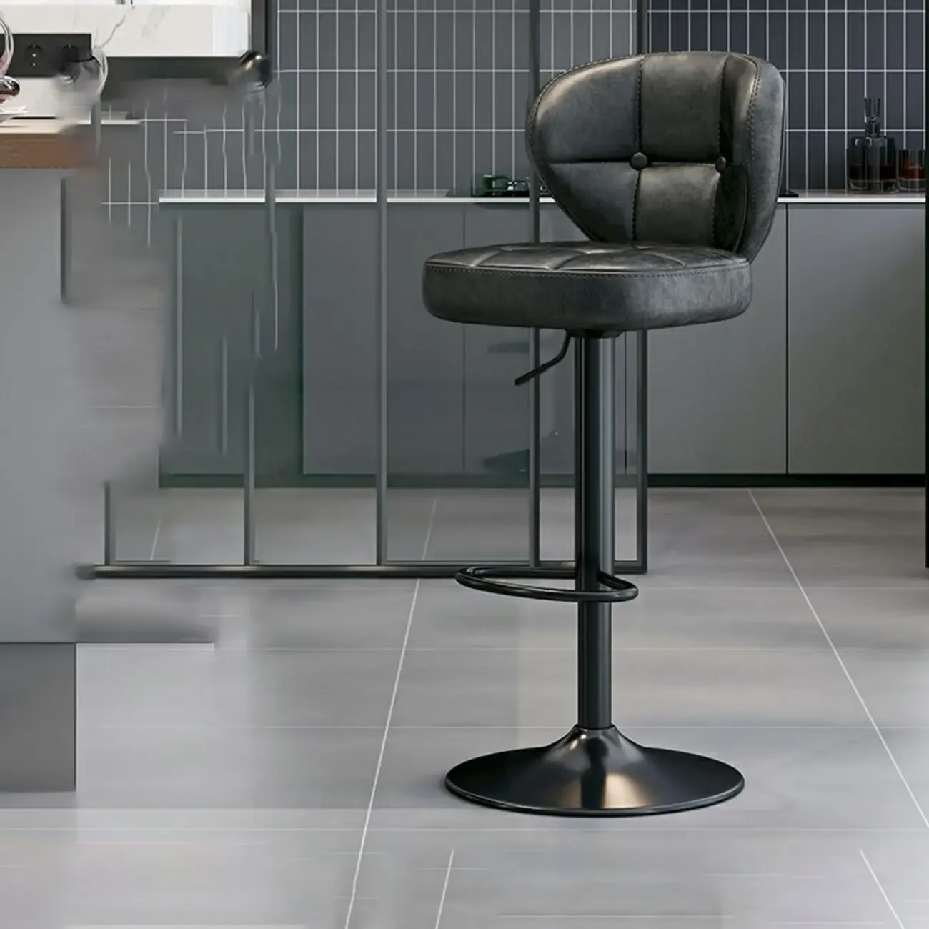 Modern Square Tufted Faux Leather Adjustable Swivel Bar Stools