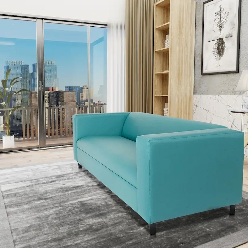 Mid-Century Modern 3-Seater Sofa, Faux Leather with Solid Wood Frame