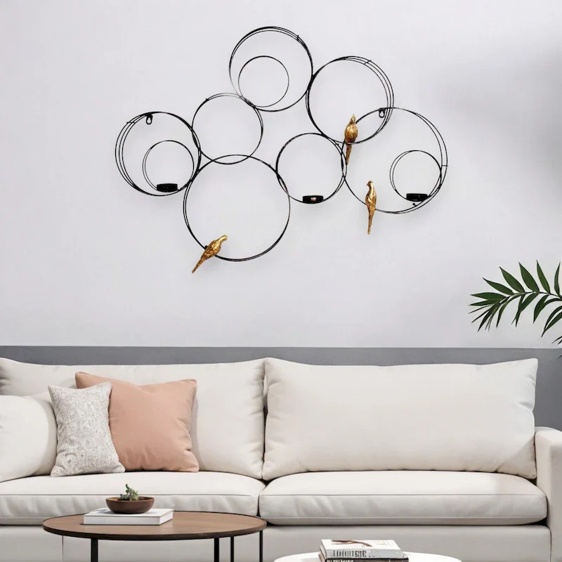 HomeRoots 32  Black And Gold Metal Circles And Birds Hanging Sculpture With Votive Holders