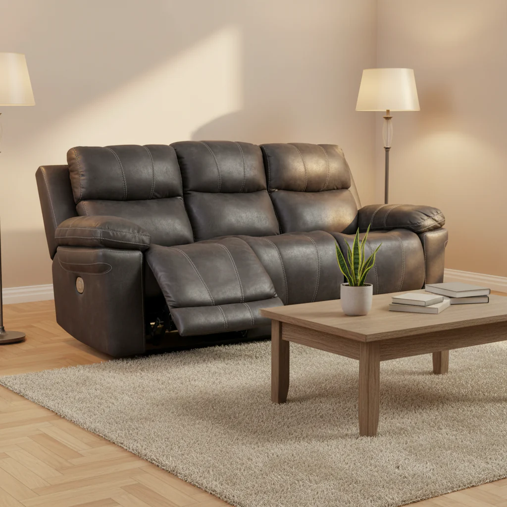 Power Recliner Adjustable Headrest Sofa, 89 Inch Gray Faux Leather