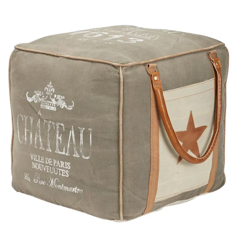 Canvas Pouf with Leather Handles - Gray, Brown, White, Cream or Beige