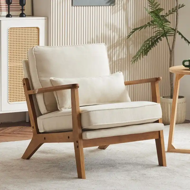 Upholstered Linen Blend Accent Chair with Wooden Legs and Pillow, Beige
