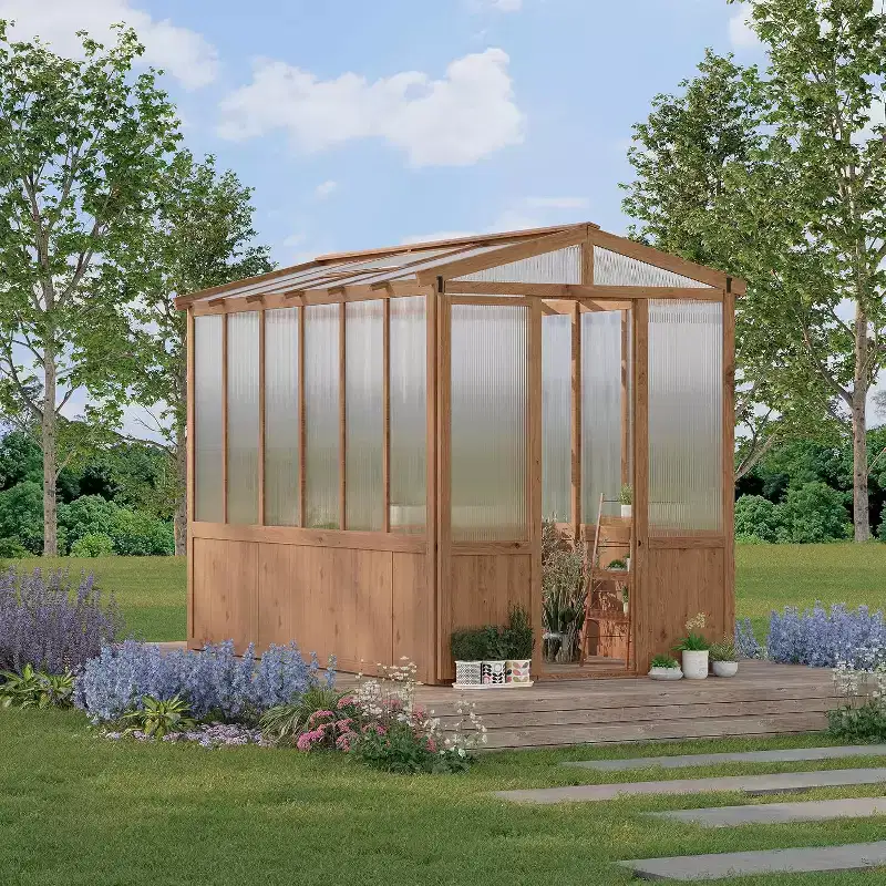 6x10FT Wooden Greenhouse with Cedar Frame, Outdoor Walk-In Garden Greenhouse, Durable Polycarbonate Panels and Roof Vent, Spacious Structure