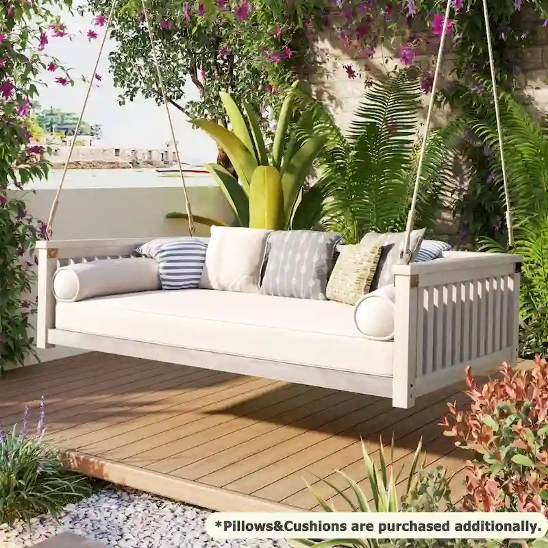 Patio Minimalist Twin Size Garden Swing Bed Wood Porch Swing with Ropes for Backyard