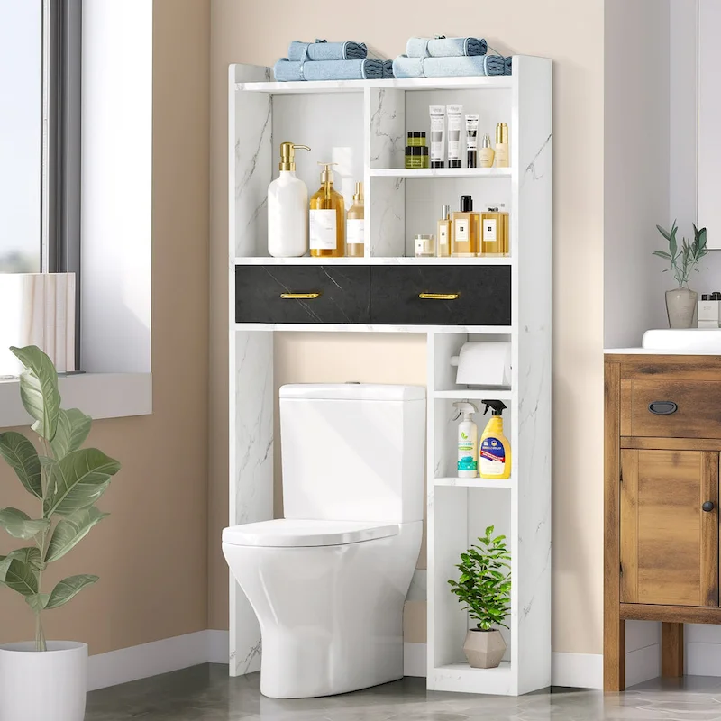 White Over-Toilet Storage Cabinet with Drawers and Shelves, 1-Person