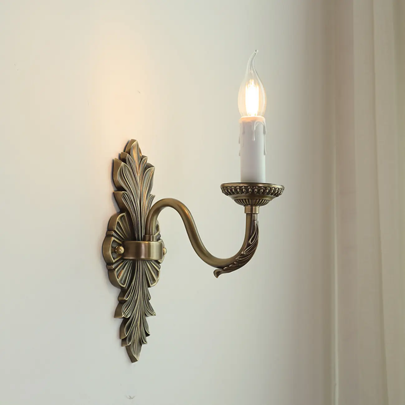 Vintage Beige Brass Candelabra Wall Sconce with LED Light