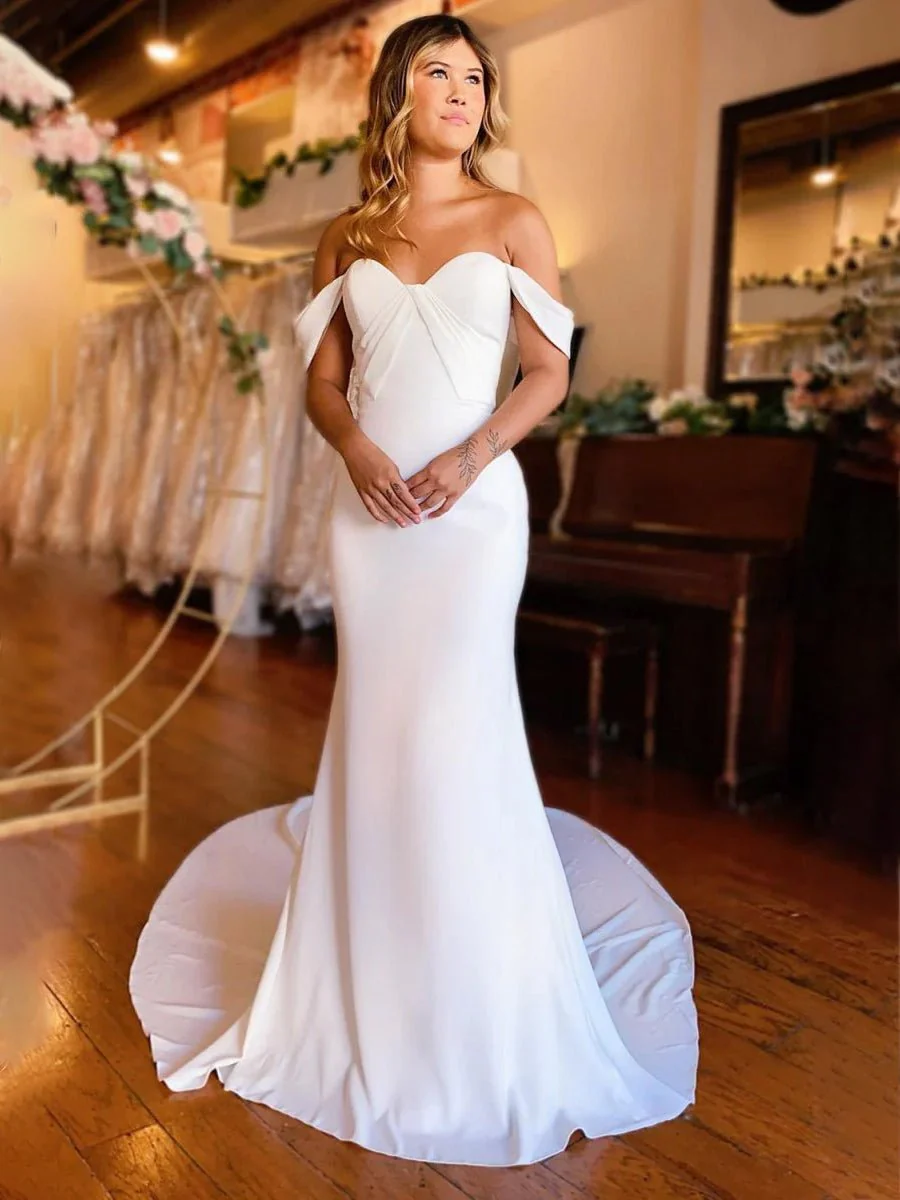 Simple White Mermaid Off-the-Shoulder Boho Wedding Dress