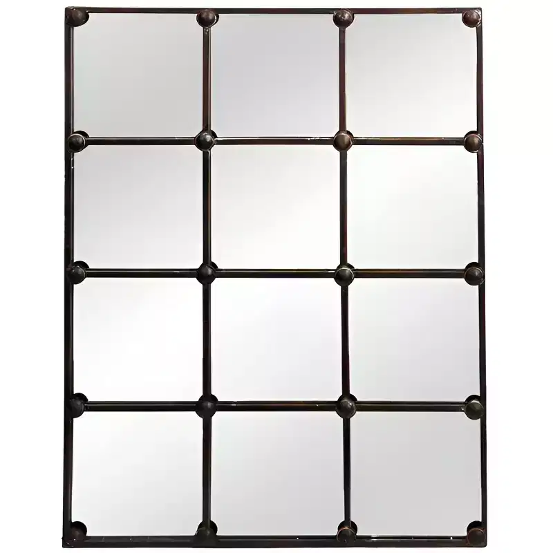 Slickblue Cast Iron Rectangle Wall Mirror 27.5 Brown 12-Panel Grid Industrial-Rustic Decorative Mirror