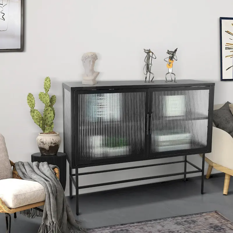 Black Double-Door Tempered Glass Sideboard Cabinet with Adjustable Shelf, 1-Person Assembly