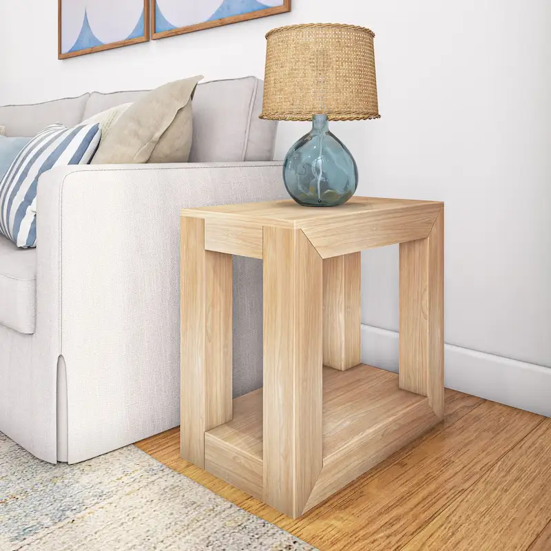 Natural Wood Rectangular Side Table with Bottom Shelf