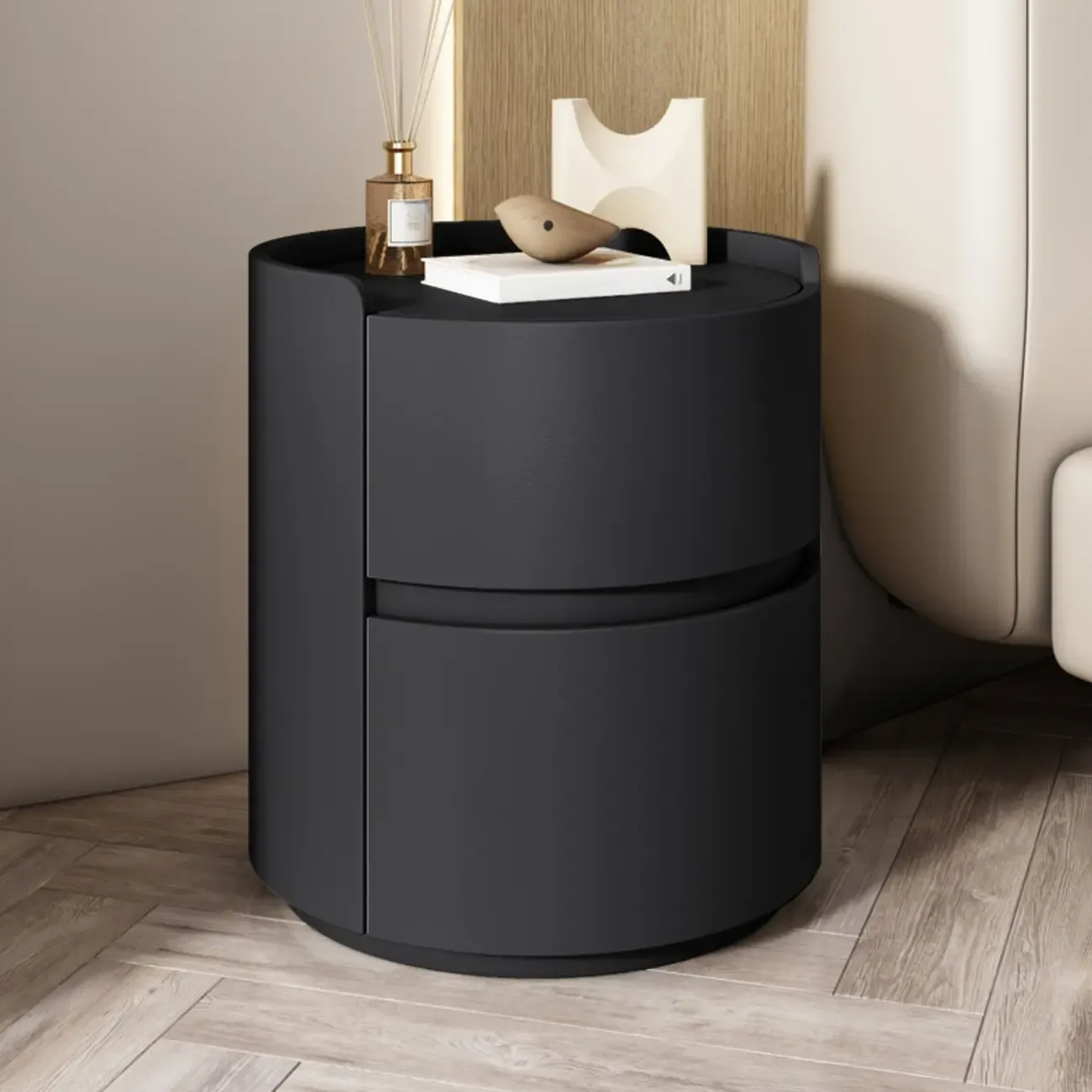 Modern Leather Tray Round 2-Drawer Nightstand