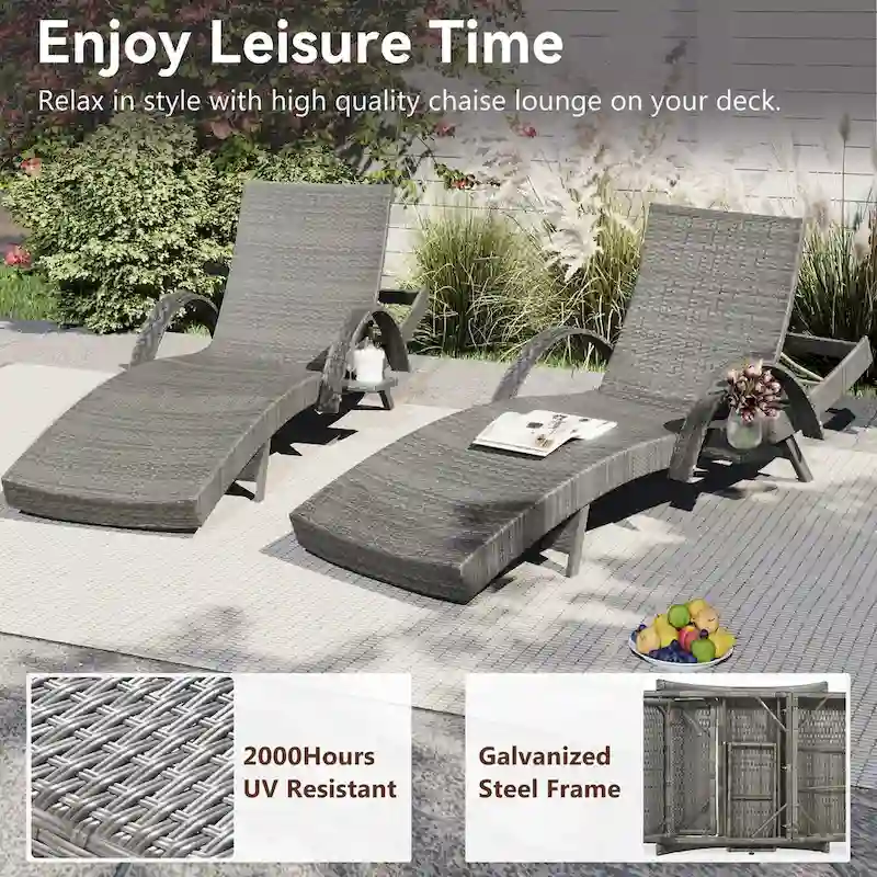 80 Wicker Chaise Lounge Chairs Set of 2,Patio Rattan Reclining Chair Pull-out Side Table Adjustable Backrest Ergonomic