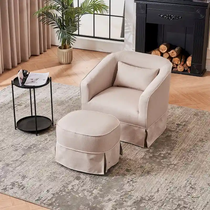 Swivel Round Barrel Accent Chair With Ottoman,Armchair Reading for Living Room for Bedroom Comfy with Black Metal Base