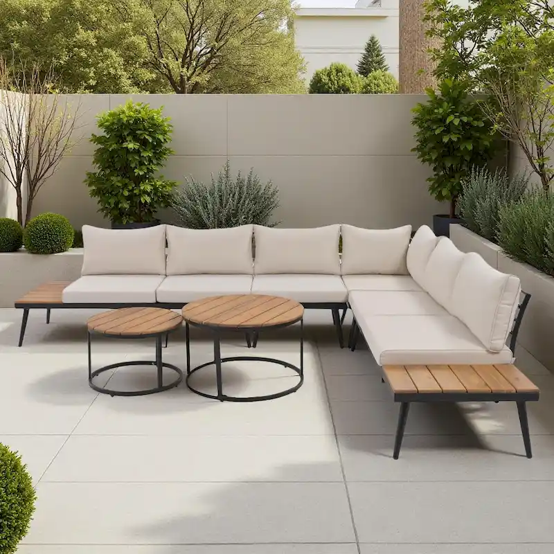6-Piece Outdoor Patio Iron Modular Sectional Sofa Set with Nesting Coffee Tables and Side Storage Shelf