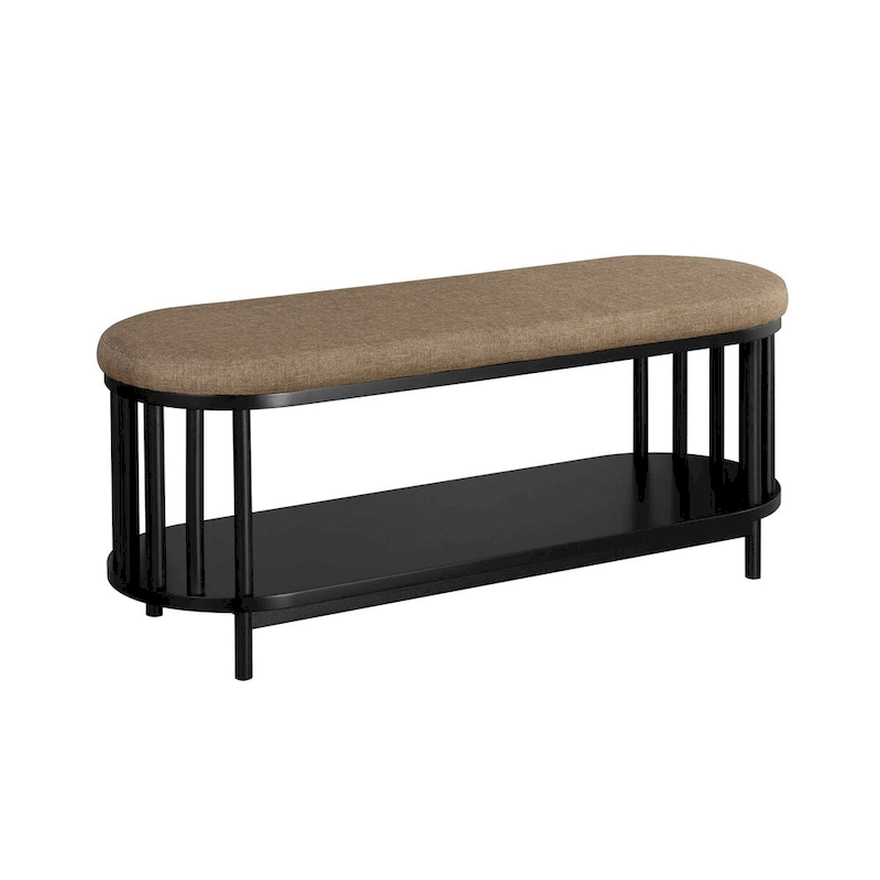 Scandi Upholstered-Top Storage Bench with Lower Shelf for Living Room, Bedroom and Office - Black
