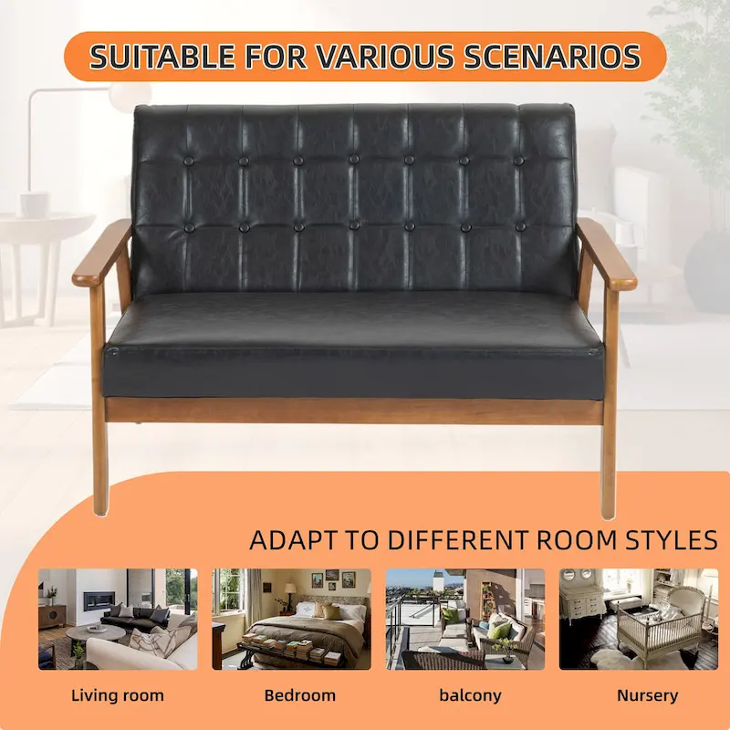 HOMEFUN Mid-Century Linen/PU Upholstered Wood Frame Tufted Loveseat Sofa