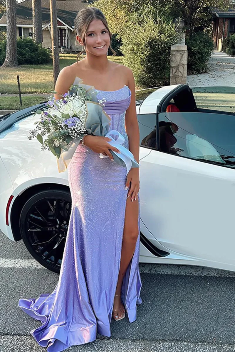 Sky Blue Strapless Satin Beaded Mermaid Long Prom Dresses With Slit