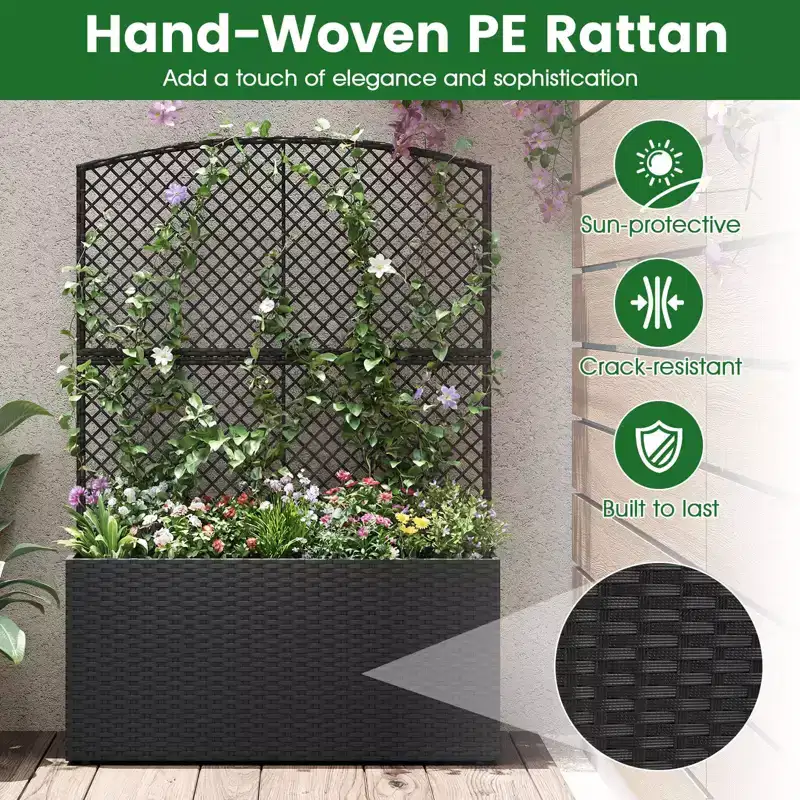 Costway 1/2 PCS 58 Raised Garden Bed with Trellis, Wicker Planter Box with Privacy Screen Brown/Black