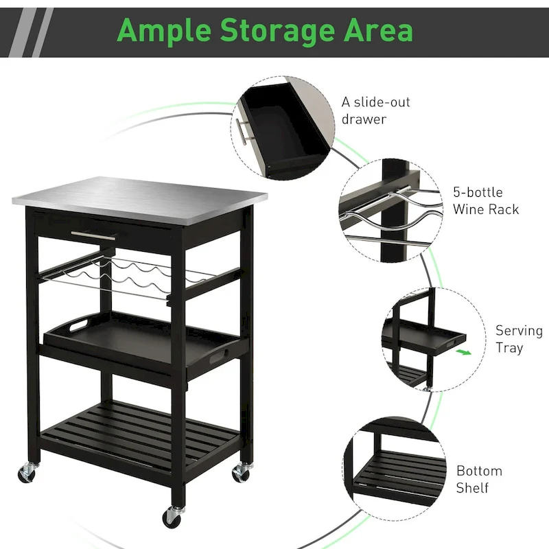 HOMCOM Kitchen island Cart Rolling Trolley Utility Serving Cart with Stainless Steel Tabletop, Wine Rack & Drawer