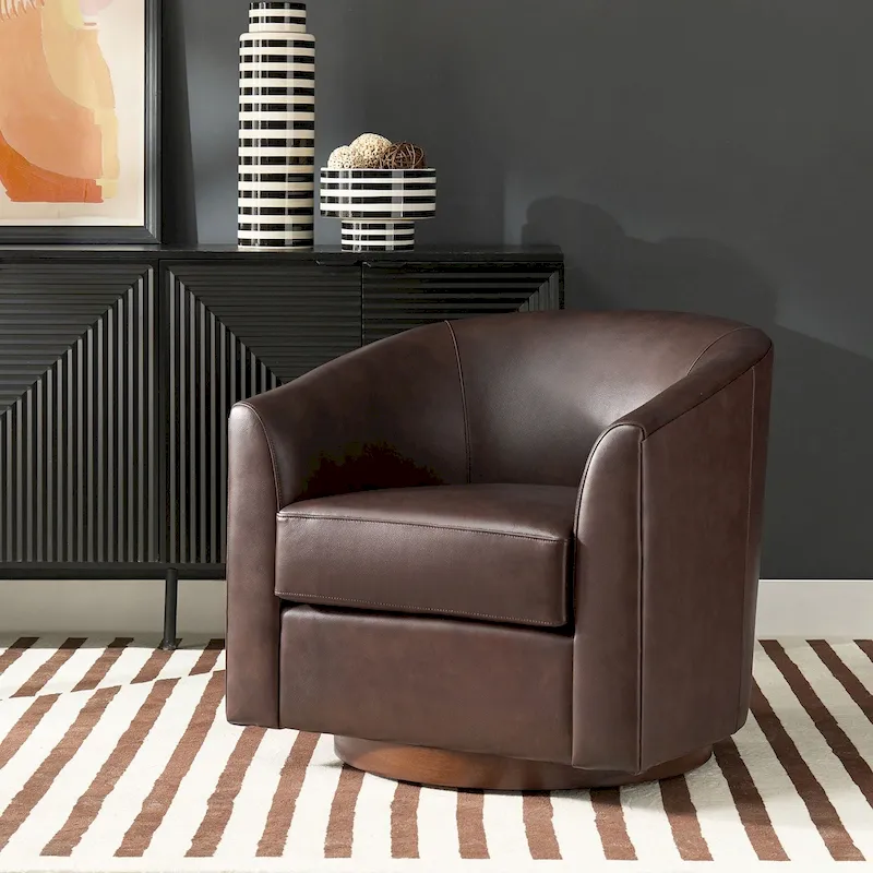 Swivel Barrel Chair, Modern Style, Genuine Leather – Brown / Sage / Camel, Single