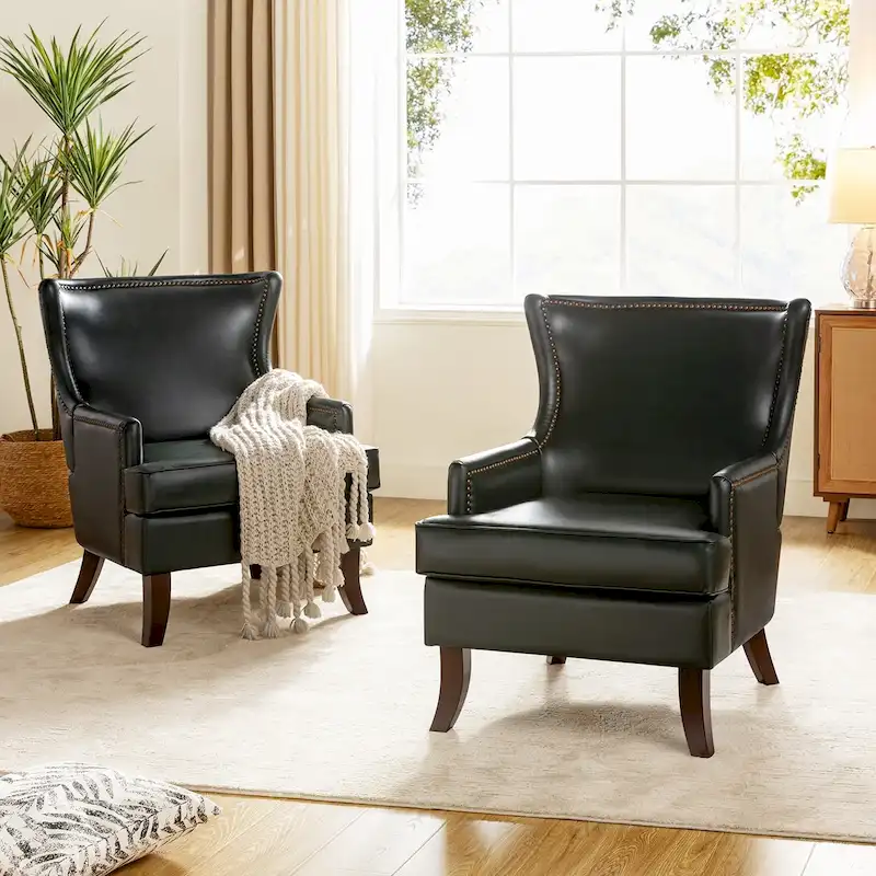 Angeles Mid-century Modern Ergonomic Vegan Leather Armchair with Wingback Set of 2 by HULALA HOME