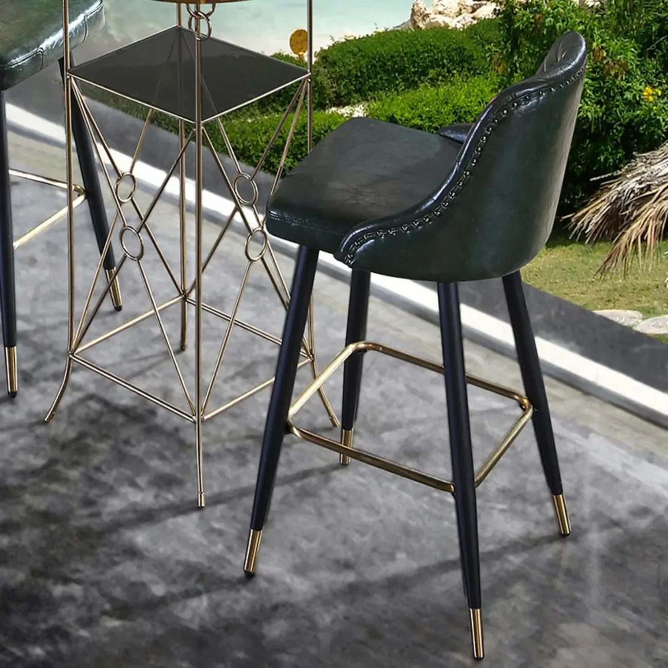 Glam Tufted Green Leather Seat Curved Back Counter Bar Stools